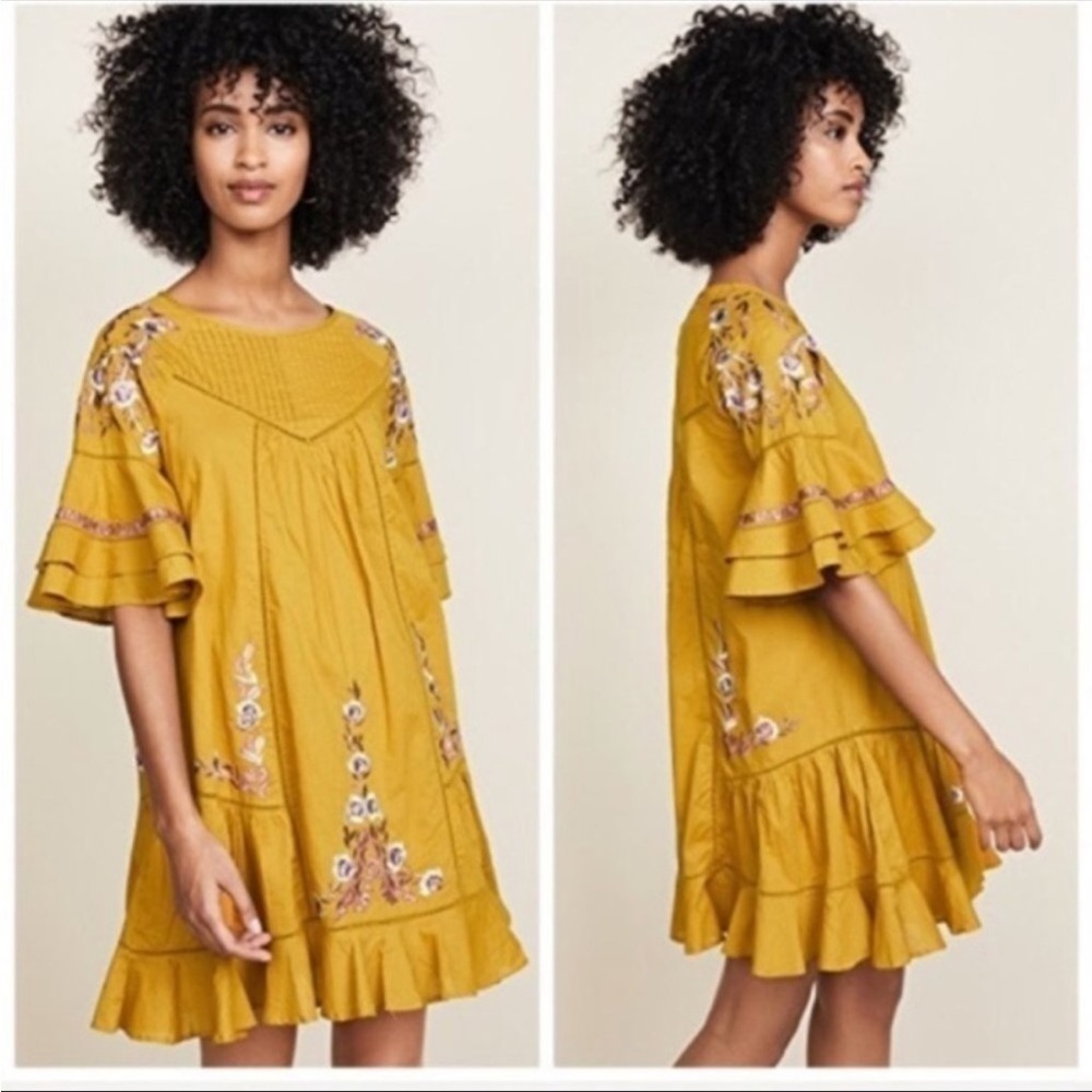 Free People Floral Embroidered Ruffle Sleeve Boho Dress